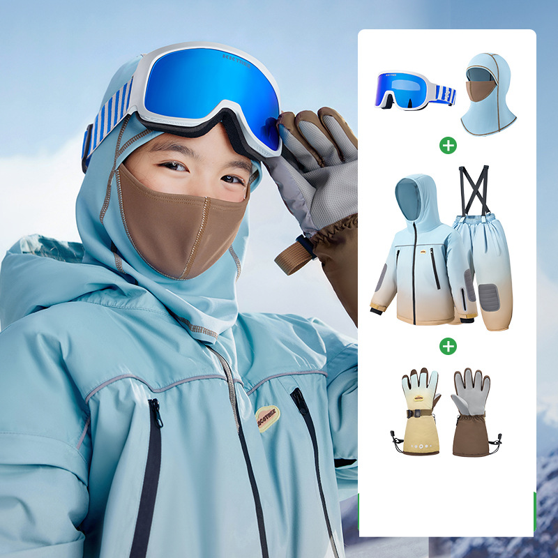 Conjunto de chaqueta y pantalón de esquí impermeable para madre e hijos: traje de nieve cálido para niños y niñas, poliéster transpirable y duradero en color marrón arena._voghion.com