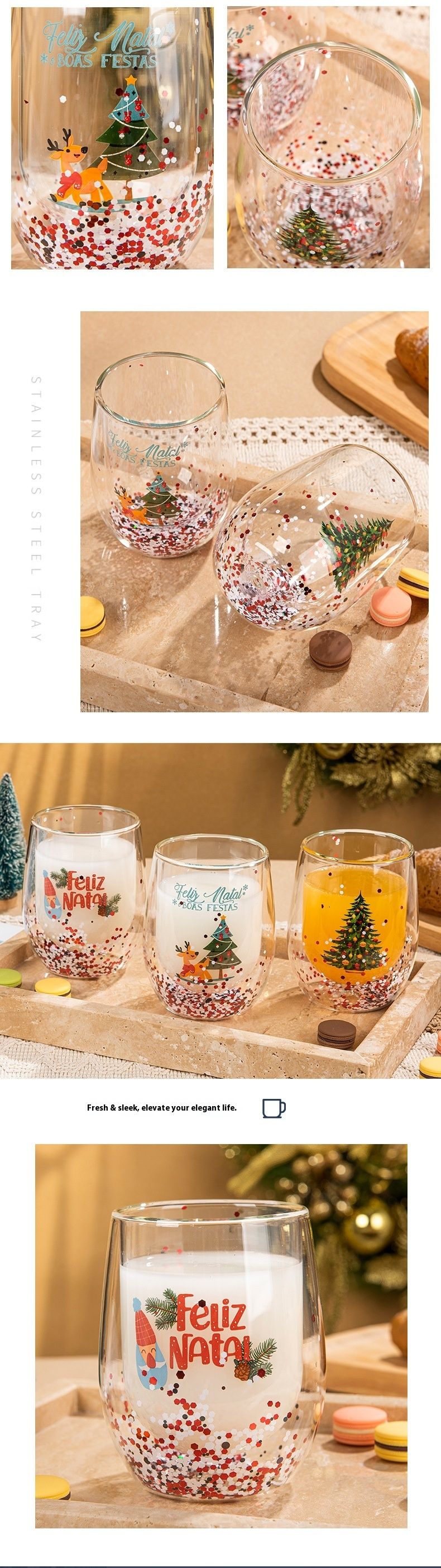 Moderner, minimalistischer Becher aus doppelwandigem Borosilikatglas – Cartoon-Weihnachtsdesign, 300 ml, ideal für Zuhause und als Geschenk_voghion.com