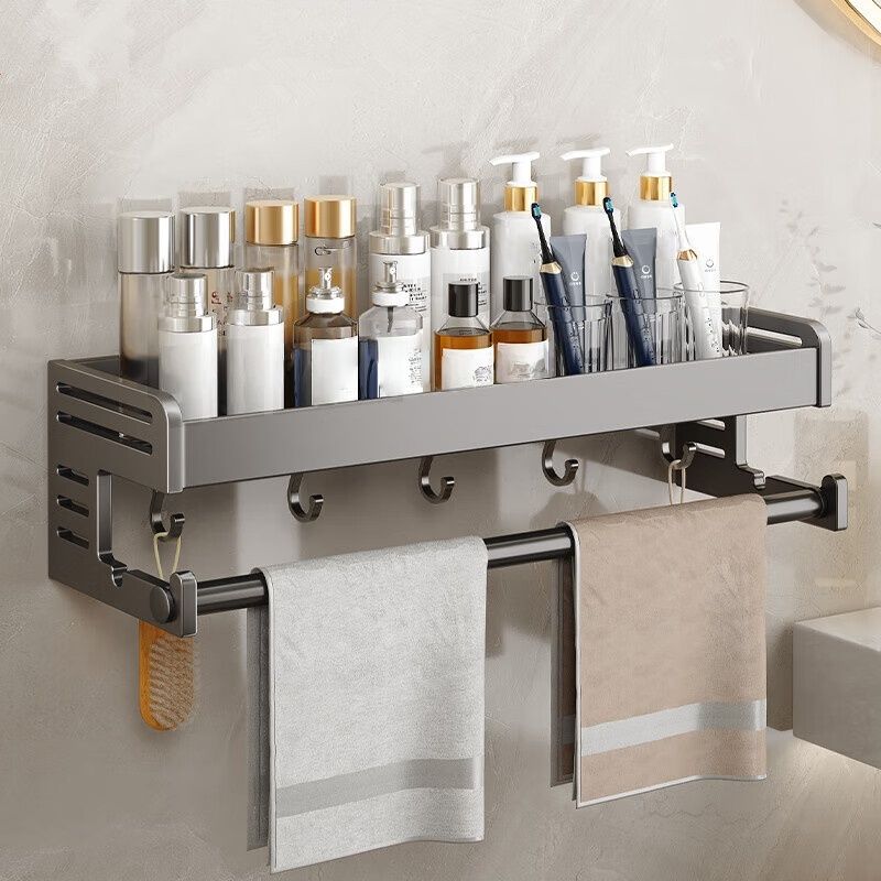 Aluminum Bathroom Shelf With Hooks - Wall Mounted Organizer For Towels, Toiletries & Cosmetics Rustproof, Space-Saving,_voghion.com