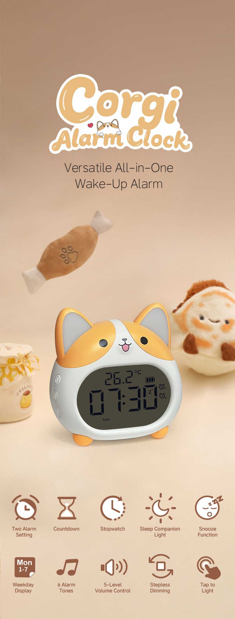 Sveglia intelligente Corgi per studenti, strumento di sveglia per dormitori di scuole medie, orologio elettronico per bambini con simpatici cartoni animati_voghion.com