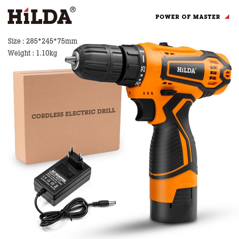 Hilda Cordless Lithium-Ion Electric Drill With Variable Speed & 22Nm Torque, 10mm Chuck, 20mm Wood Drilling Capacity – Includes Accessories Kit_voghion.com