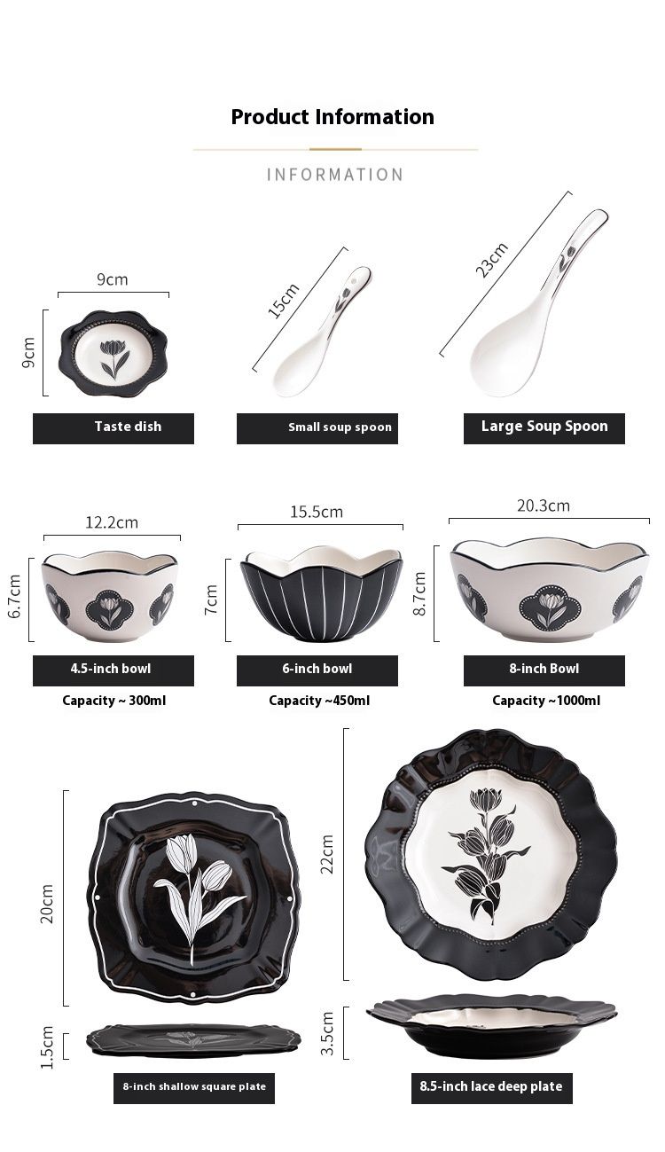 Handgefertigtes Keramikgeschirrset mit Tulpenmotiv – Moderne, minimalistische Teller und Schüsseln, florales Geschirr für 2/4/6/8 Personen (mikrowellen- und spülmaschinenfest)_voghion.com
