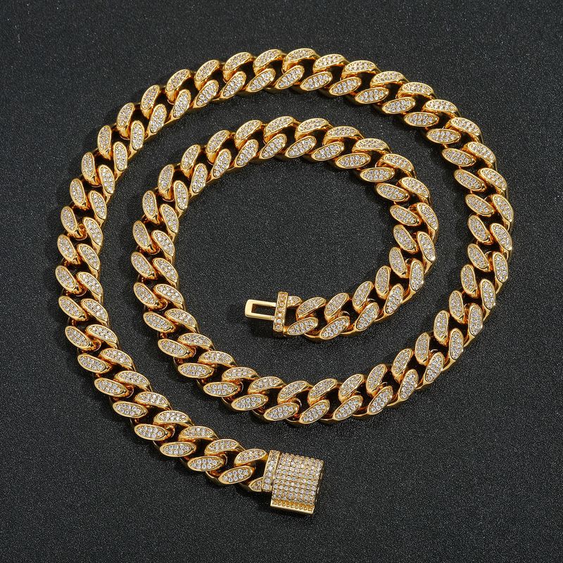 Men’s Jewelry Set Fashion Hip Hop Zircon Necklace 12mm Flip Buckle Double Row Full Diamond Cuban Chain Trendy Personality Men's Hip Hop Necklace_voghion.com