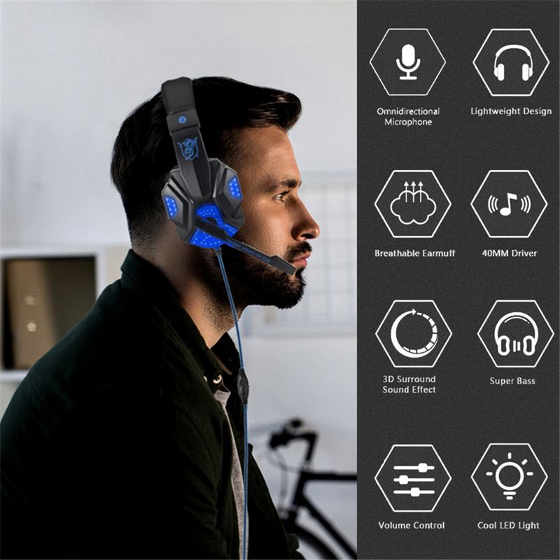 Auriculares para juegos con cable y luz LED, micrófono y cancelación de ruido para PC, portátil, PS4, PS5 y Xbox._voghion.com