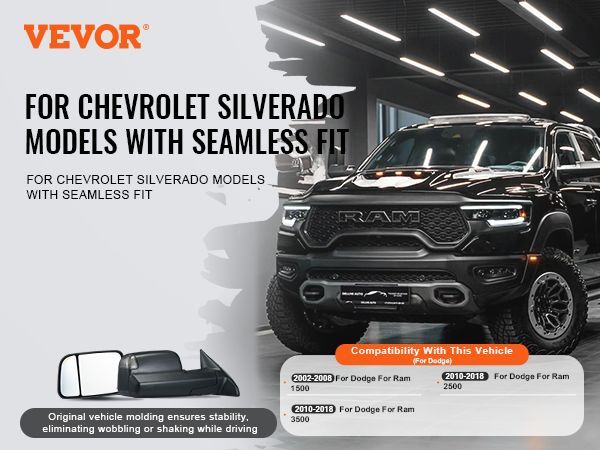 VEVOR Towing Mirrors, Left & Right Pair Set For 2002-2008 Dodge Ram 1500 2500 3500 (Partial 2009 Models), Power Heated With Signal Light & Puddle Light, Manual Controlling Flipping Folding, Black_voghion.com