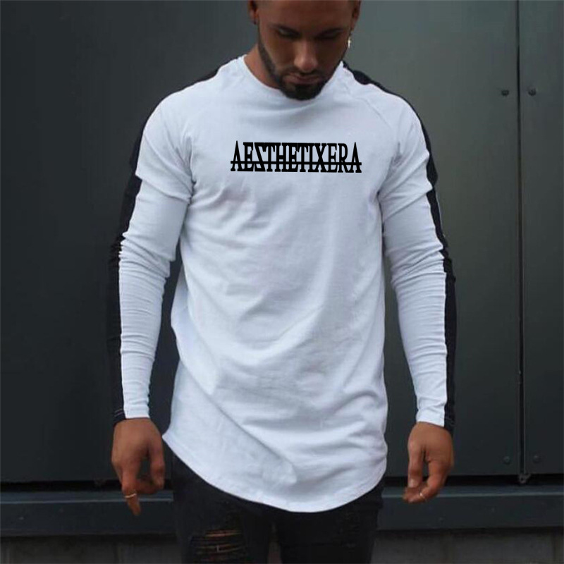 Herren-Fitness-Sport-Langarm-T-Shirt, langes, schmal geschnittenes, farblich passendes Mode-T-Shirt_voghion.com