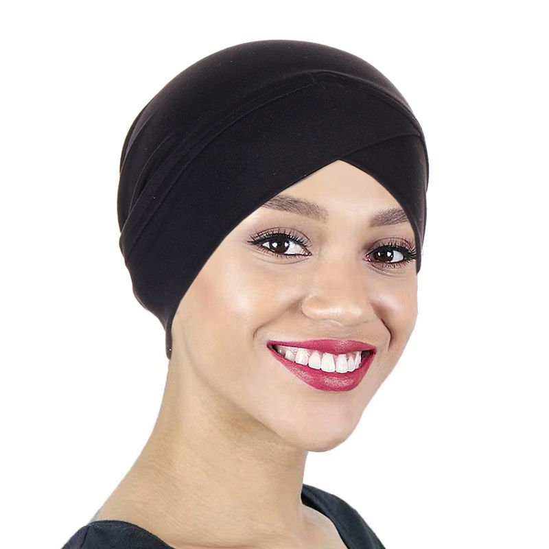 Women's Hats new style multi-color solid color cross headscarf hat women's bottom hat Muslim headscarf hat_voghion.com