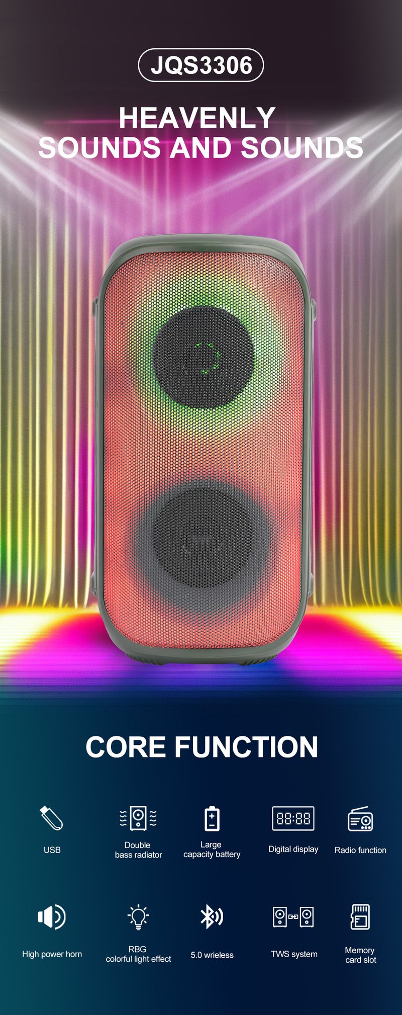 JQS3306 Çift 3 inç Açık Hava Taşınabilir Şarjlı Bluetooth Hoparlör Uzun Pil Ömrü Taşınabilir RGB Küçük Hoparlör_voghion.com