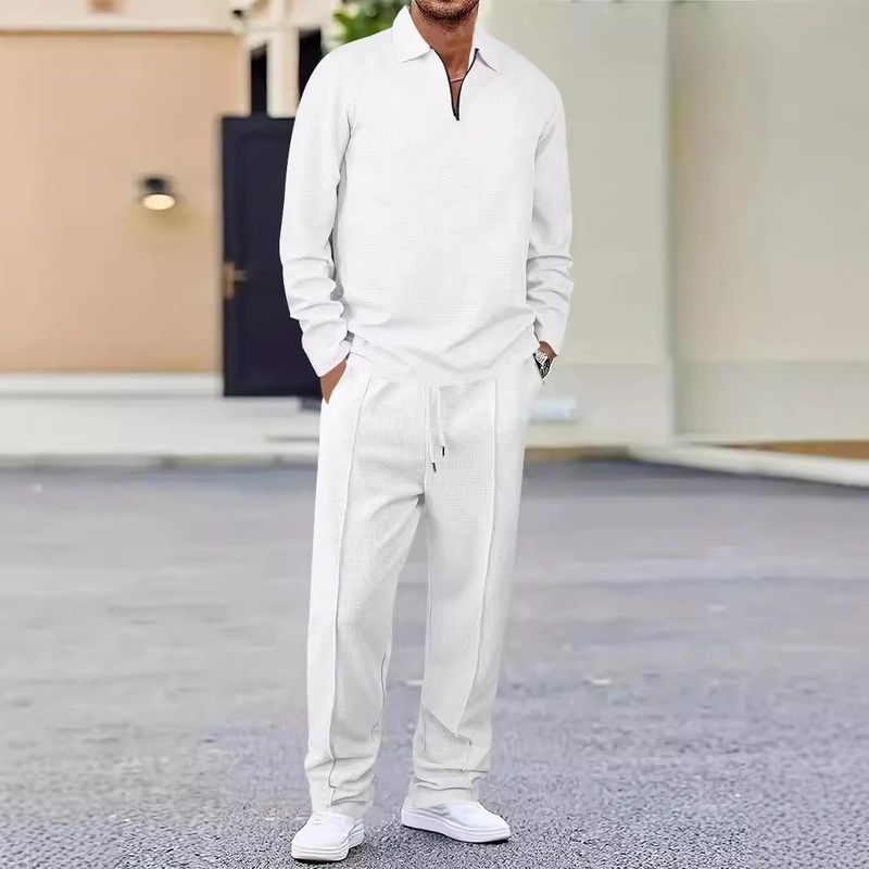 Men's Clothing Spring And Autumn Solid Color Waffle Lapel Zipper Long Sleeved Trousers Casual Suit_voghion.com