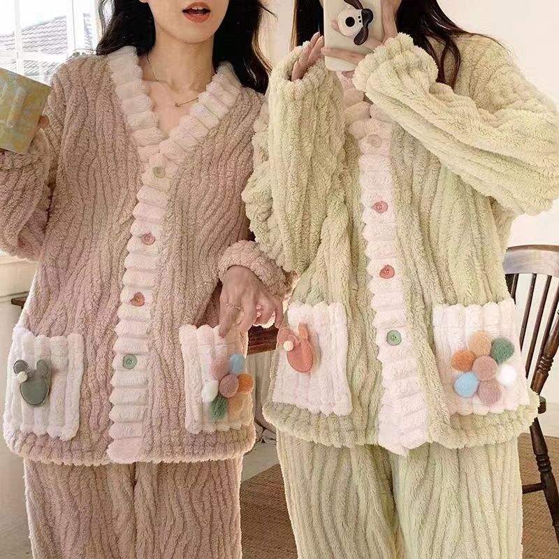 Herbst und Winter Regenbogen Nachthemd Cardigan Pyjama Set Verdicktes warmes zweiteiliges Set_voghion.com
