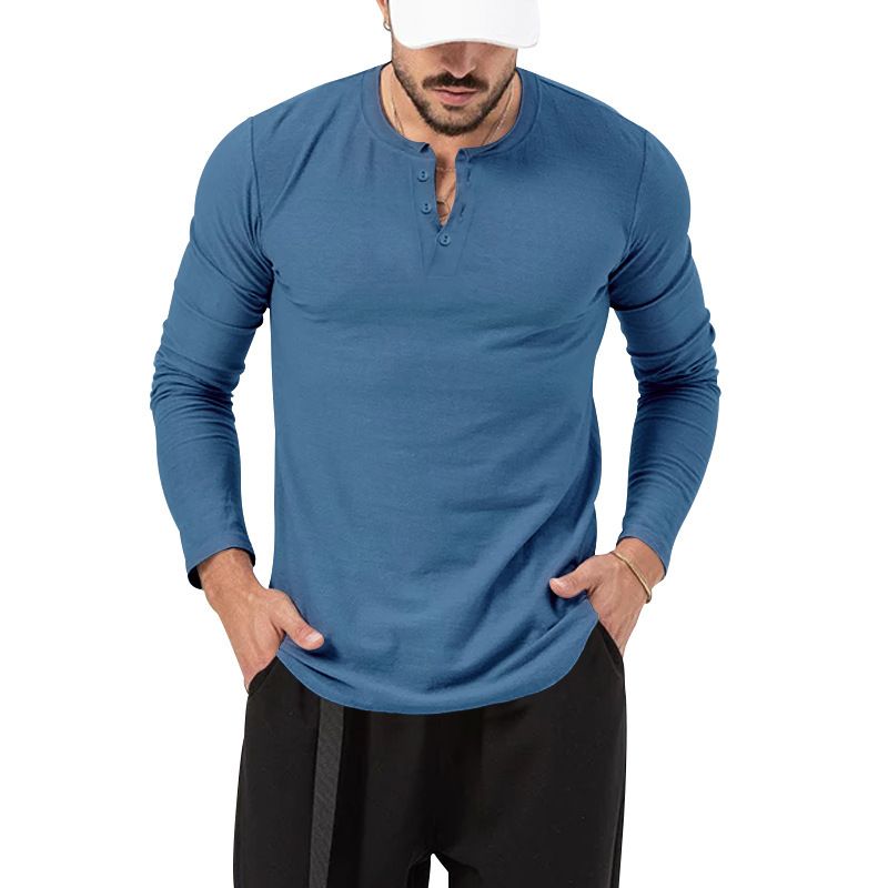 Unschlagbare Qualität 2025 Langarm-T-Shirt Rundhalsausschnitt Einfarbig Button-Down Henley Casual Sports Base Shirt Herrenbekleidung_voghion.com