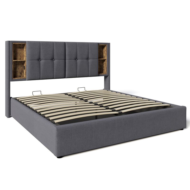 Double avec câble de chargement et USB-C, tissu 140 x 200 cm, support avec support, bois de roseau, gris, tapis inclus_voghion.com
