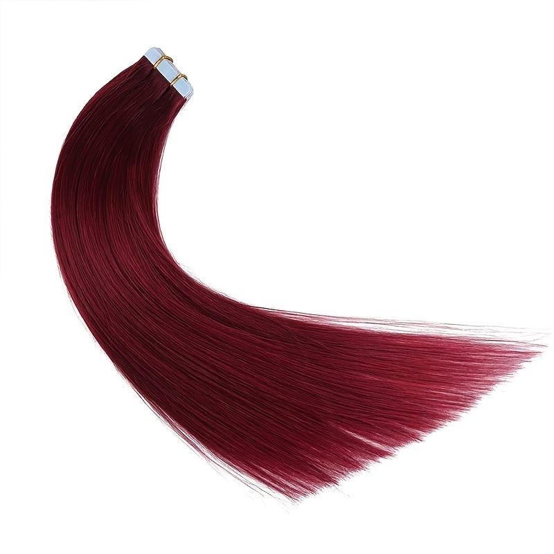 Bordeauxrøde Tape-in Hair Extensions til Kvinder, Glat Remy Ægte Hår, Glat Hair Extensions, Vinrøde Hair Extensions_voghion.com