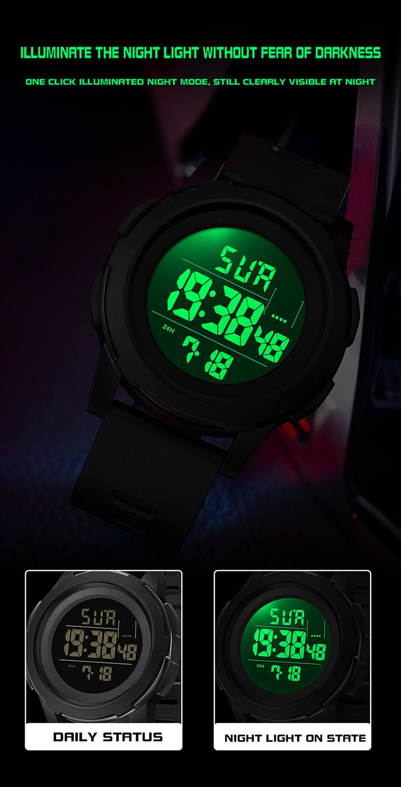 Digitaal horloge met LED-display, waterdicht, nachtlampje, alarm, stopwatch, aftelfunctie, dubbele tijd, unisex casual sporthorloge_voghion.com
