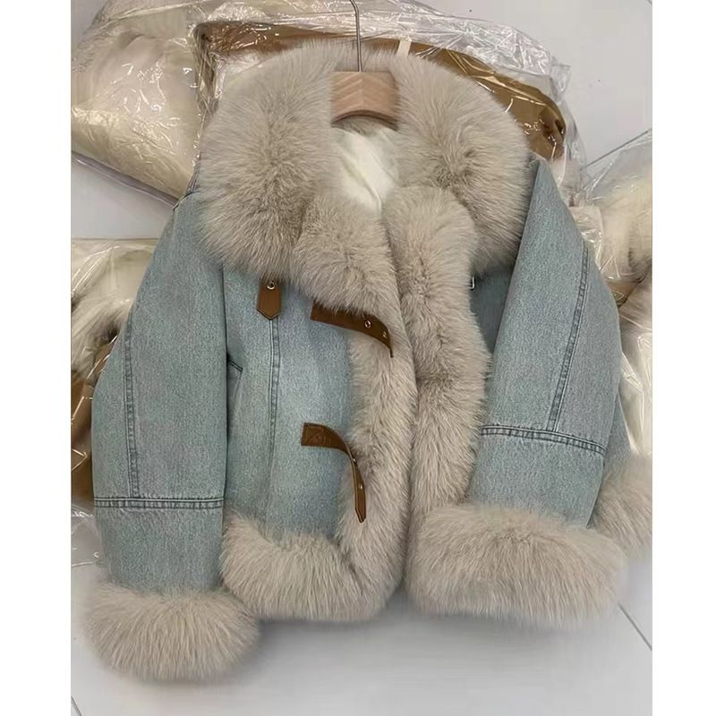 Stile di abbigliamento femminile Design Collo di pelliccia Giacca di jeans blu per le donne Velluto Addensato Piumino Cotone Caldo Pelliccia Peluche Cappotto_voghion.com