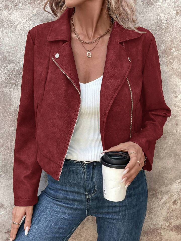 Damenjacke aus Wildlederimitat mit Schößchenkragen – Stilvolle Oberbekleidung für den Herbst aus weichem Chenille-Stoff, Reißverschlussdetail, klassische Passform (in 5 Farben erhältlich)_voghion.com