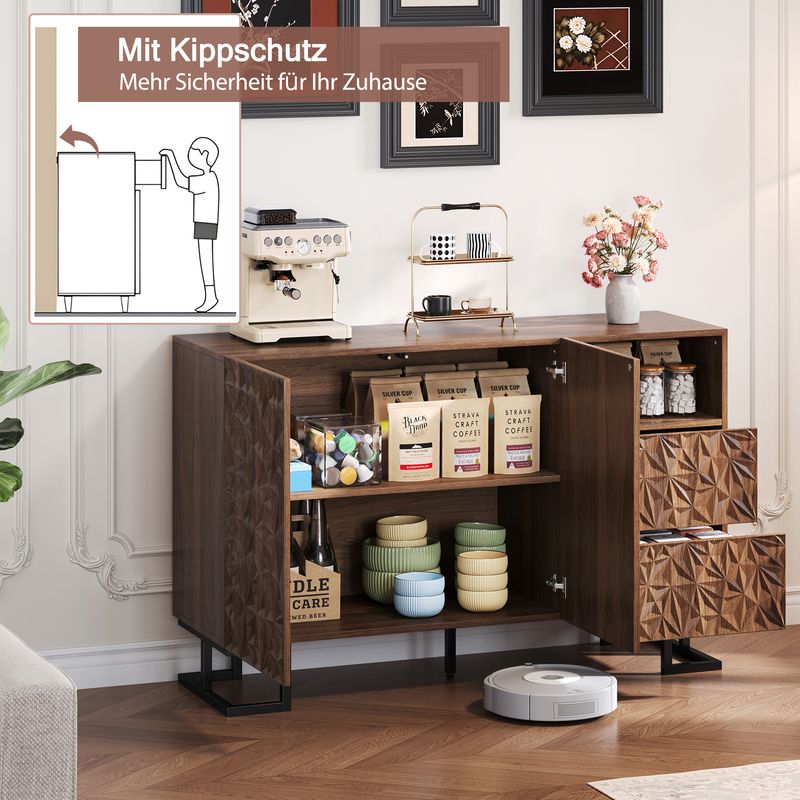 Beistellschrank 120x78,5cm Walnussoptik Mit Blattrelief, 2 Türen & 2 Schubladen_voghion.com