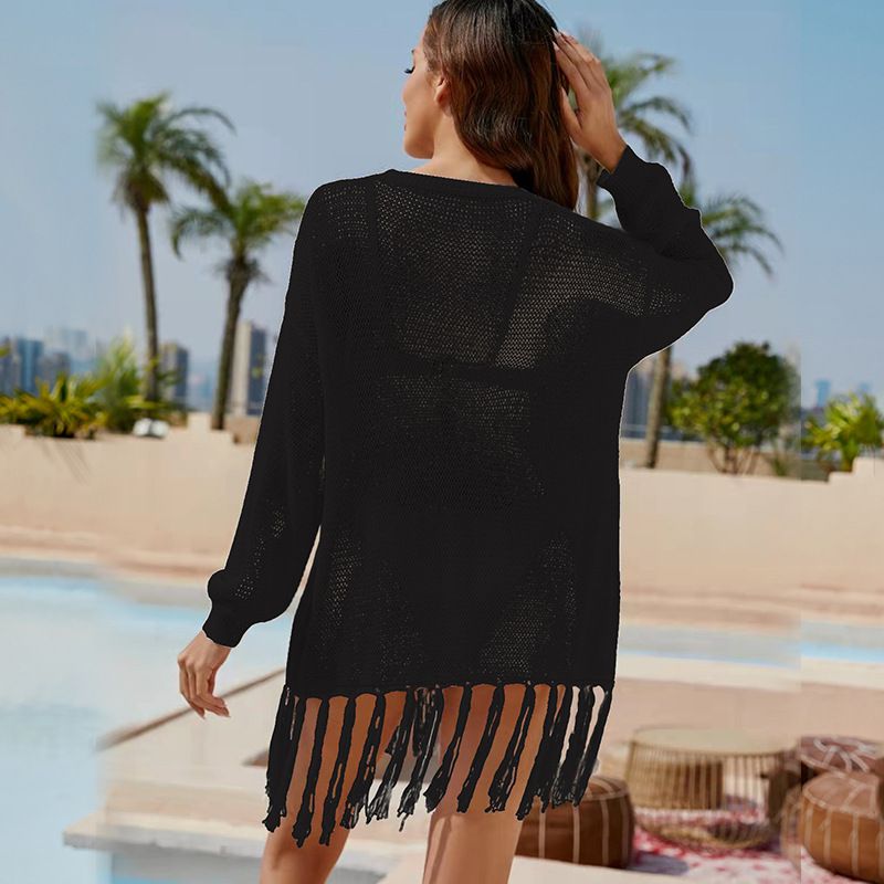 Blusa de manga comprida com rede de pesca - Top de proteção solar de praia para trajes de banho, estilo verão europeu e americano_voghion.com