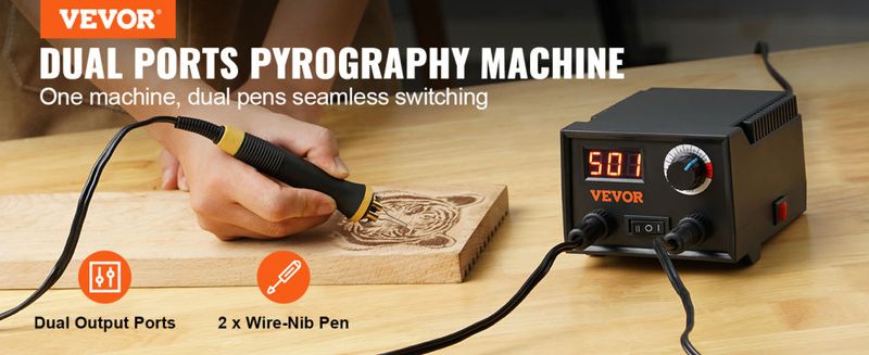 VEVOR Wood Burning Kit, 200~700°C Adjustable Temperature with Display, Dual Output Port with 2 Pyrography Pens, 23 Wire Nibs, 4 Wood Chip, 1 Pen Holde_voghion.com
