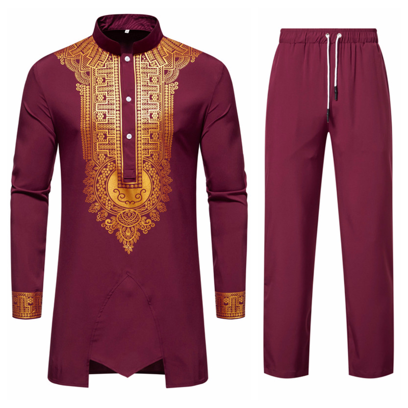 CT Men's Set Stand Collar Gold Foil Print Long Sleeve And Pants Casual Shirt For Men_voghion.com