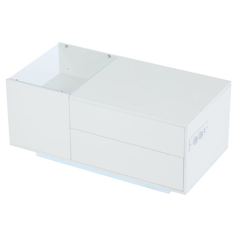 Table basse réglable en hauteur 95 x 48 x 42 cm avec rangement dissimulé, éclairage LED, tiroir et prise – Table d'appoint de salon blanche_voghion.com