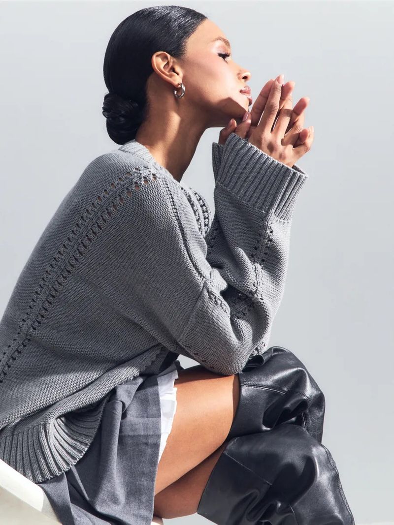 Breathable Knit Sweater Women's Oversized Loose Fit Round Neck Lace Crochet Pullover Top - Soft Acrylic Polyester Blend Yarn_voghion.com