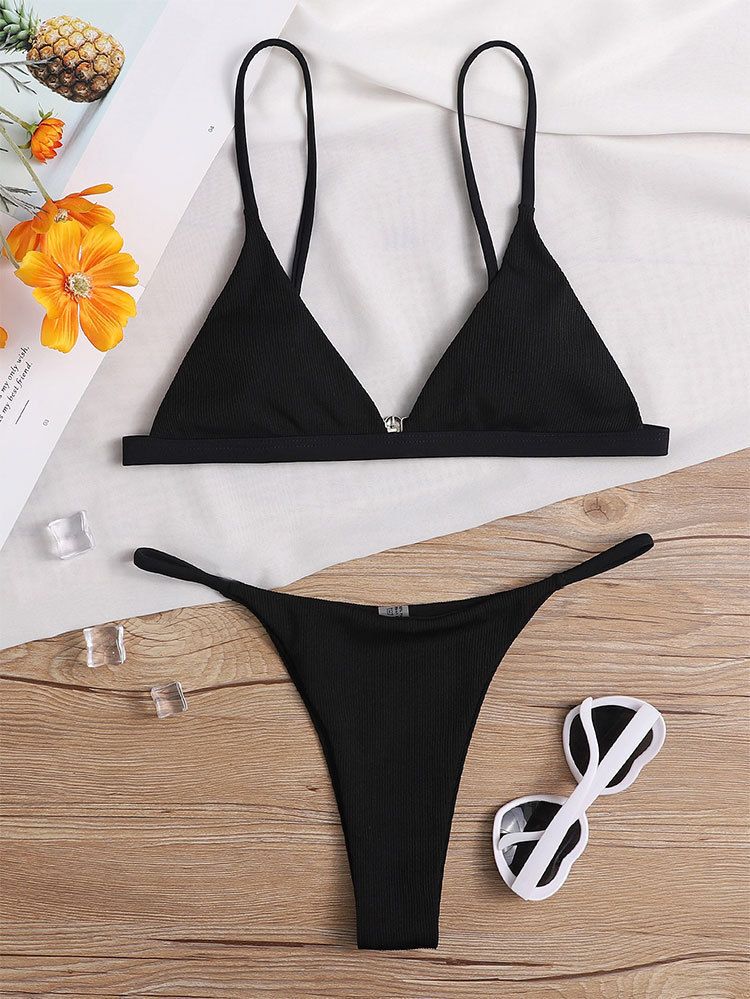 Women's Clothing Summer Split Swimsuit Solid Color Lace Up Halter High Waist Sexy Bikini Set_voghion.com
