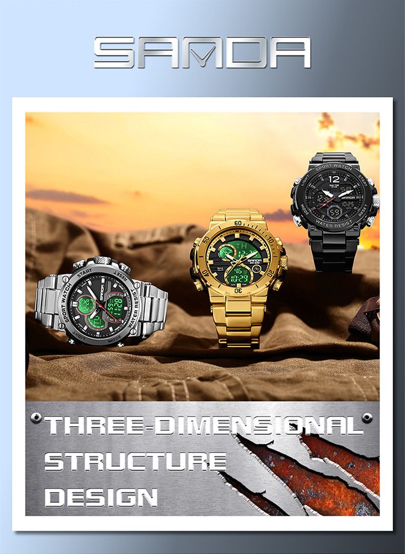 Montre homme en acier inoxydable à double affichage, multifonctionnelle : étanche, rétroéclairage LED, chronomètre, alarme, heure universelle, bracelet en acier inoxydable._voghion.com