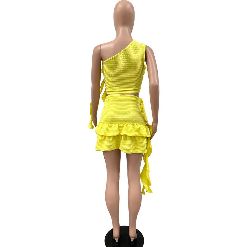 Robe d'été Y2630 à volants et franges, jupe à col diagonal et épaule unique, ensemble deux pièces_voghion.com