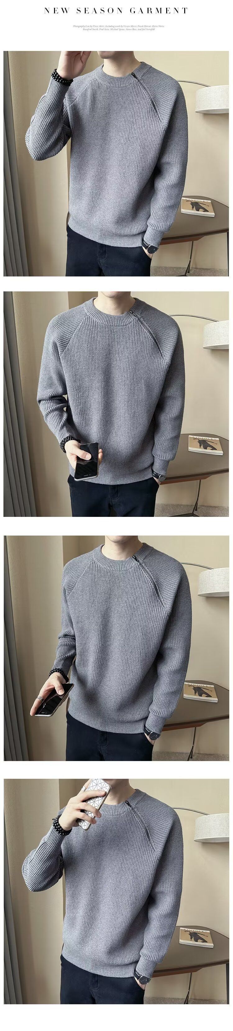 Mode-Strickpullover für Herren mit Rundhalsausschnitt, schrägem Reißverschluss und lässigem Schnitt – Stilvoller Pullover mit lockerer Passform für die Herbst-Winter-Garderobe (Weiß, Grau, Schwarz)_voghion.com