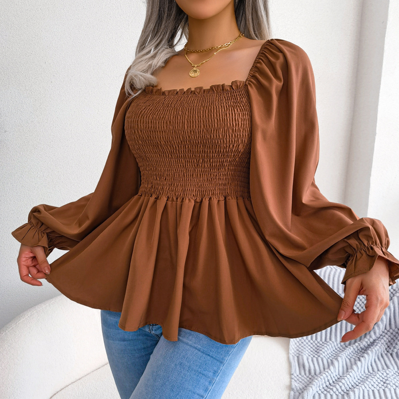 Camisa sólida para mujer, Tops informales con cuello cuadrado y manga larga de gasa con orejas de madera_voghion.com