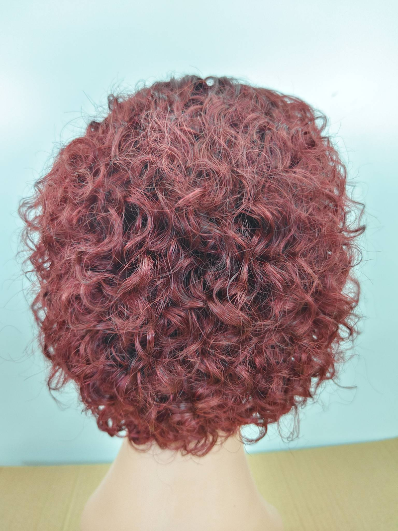 Barato Corto Rizado Bob Onda de agua 13x4 Peluca delantera de encaje 100% Peluca de cabello humano Suelta Onda profunda Frontal Bob Teje Pelucas sin pegamento para mujeres color vino_voghion.com