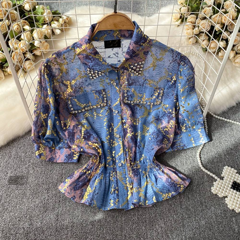 Women's Clothing Short Sleeve Diamond Lapel Waist Snake Print Chiffon Shirt Women's Short Top Summer_voghion.com