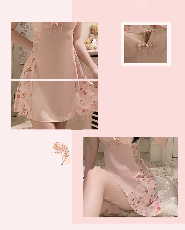 Abbigliamento da donna Guiruo Light Luxury Underwear Semplice retrò stampato raso con cuscinetto per il petto Pure Desire Style Sling Nightdress Home Set_voghion.com
