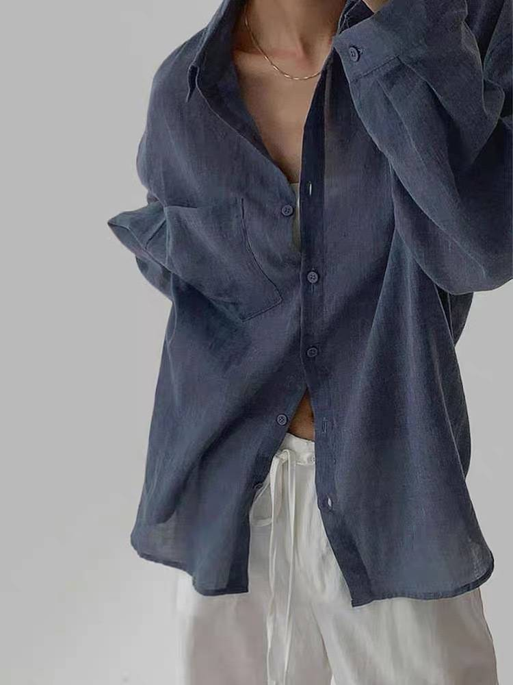 Camicia a maniche lunghe in misto lino blu navy, stile coreano, da donna - vestibilità comoda, antipiega e con protezione solare, top casual primaverile con colletto polo_voghion.com