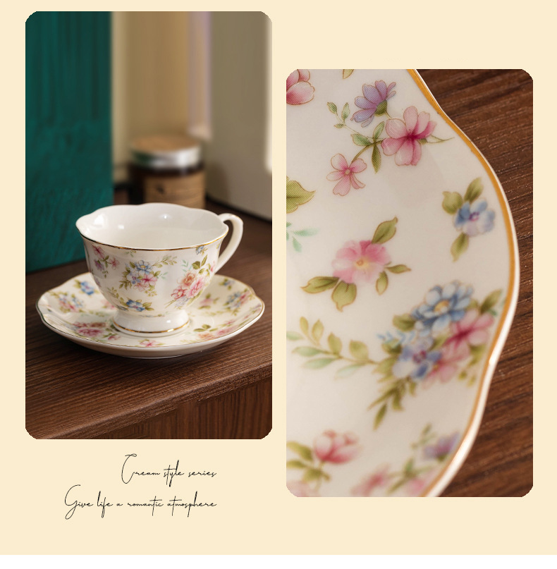 Set di tazze e piatti da caffè in porcellana Bone China dorata, tazza e piatto da tè pomeridiano di alta qualità con motivi floreali primaverili, tazza da acqua per coppia_voghion.com