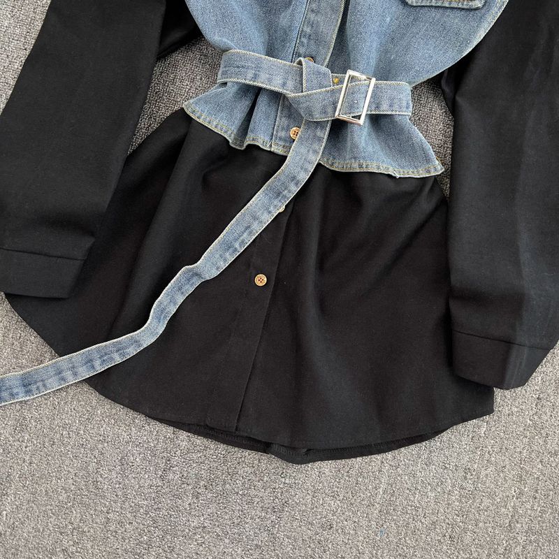Women's Clothing autumn and winter new retro Hong Kong style temperament single breasted shirt skirt single breasted denim splicing A line dress_voghion.com