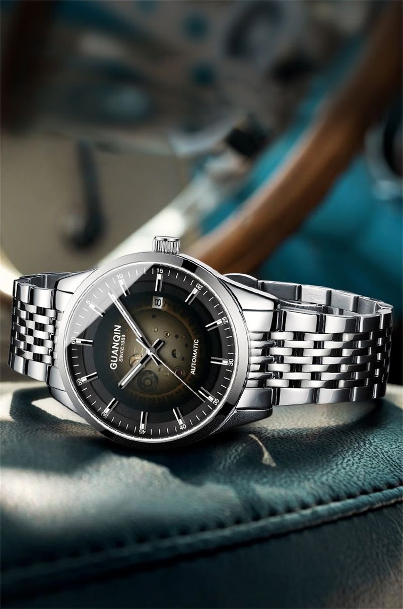 Orologio da uomo di lusso GUANQIN in acciaio inossidabile con data e movimento meccanico automatico giapponese Miyota._voghion.com