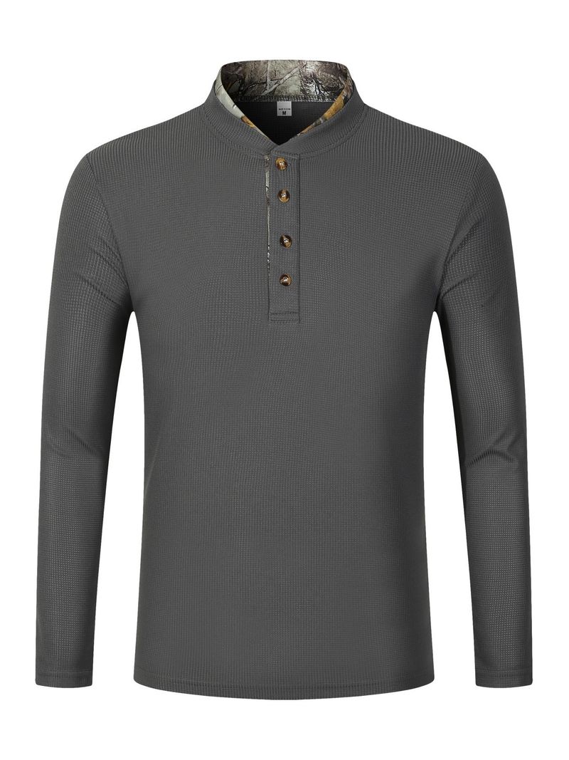 Polo da uomo a maniche lunghe con colletto alto e cuciture, modello Waffle, primavera e autunno_voghion.com