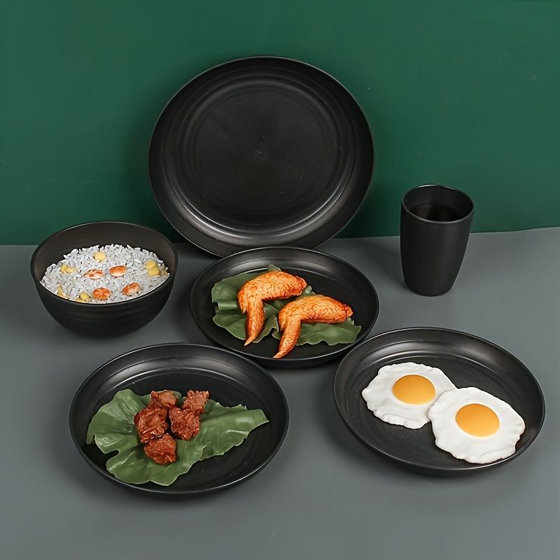 16pcs Unbreakable Tableware Set Shatterproof 8 Plates 4 Bowls 4 Cups Microwave Dishwasher Safe For Camping Daily Use Black_voghion.com