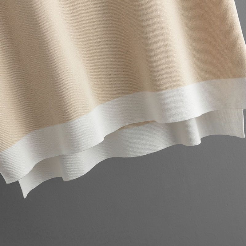 Dameskleding Eenvoudige mode V-hals trui met korte mouwen Hoge taille Afslankende draperie Broek Contrasterende kleur gebreide tweedelig set_voghion.com