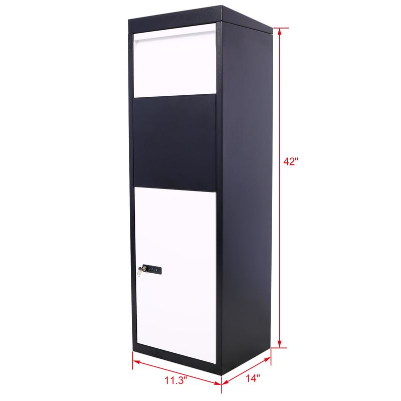 Package Delivery Box, 14'' x 11.3'' x 42'', Galvanized Steel Parcel Mailbox w/Code Lock & Mounting Hardware, for Outdoor Porch, Curbside, Black and Wh_voghion.com