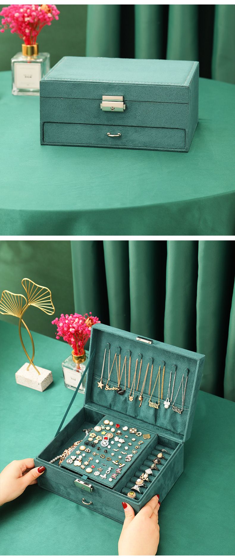 Vintage Velvet Jewelry Box With Multiple Layers - Large Capacity Storage For Rings, Necklaces & Earrings - Elegant Dark Green Cloth Organizer_voghion.com