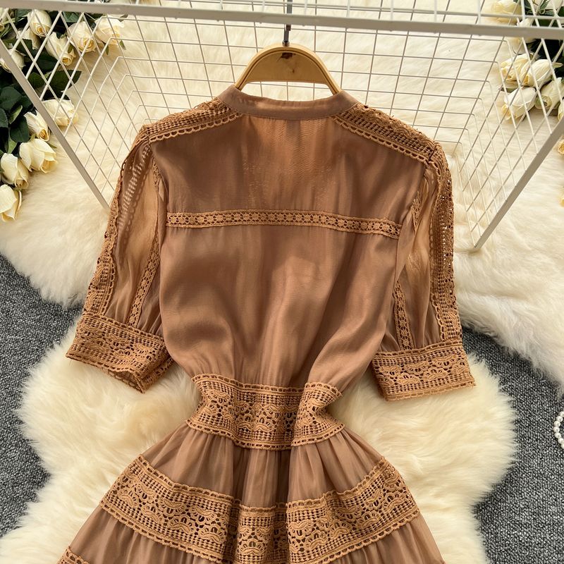 Women's Clothing retro palace style dress slim waist and elegant puff sleeves lace stitching and long swing dress_voghion.com