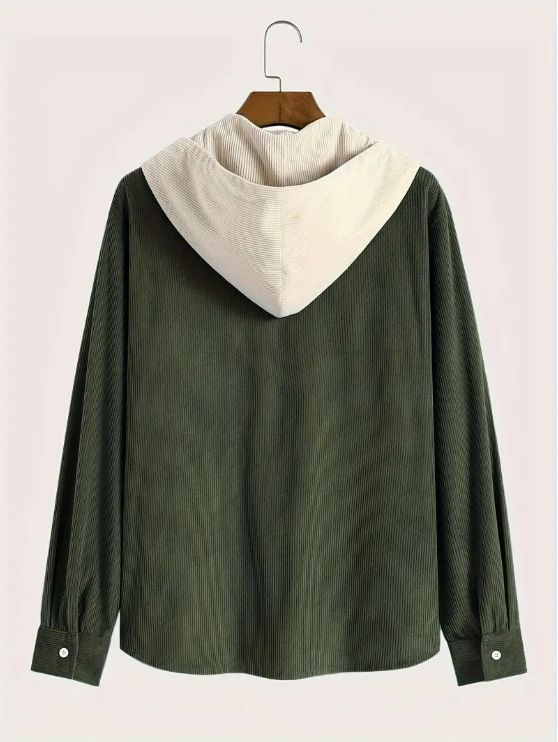 Herren-Cordhemdjacke zum Knöpfen – Kontraststreifen, Kapuze, lange Ärmel (Schwarz/Armeegrün/Meerblau, M-XXXL)_voghion.com