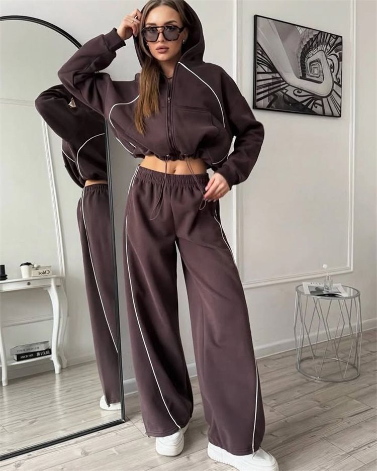 Lässiges Sportbekleidungsset für Damen – Langarmjacke mit Reißverschluss vorne und Jogginghose mit elastischem Bund (S–XL, einfarbig, Streetwear-Chic)_voghion.com