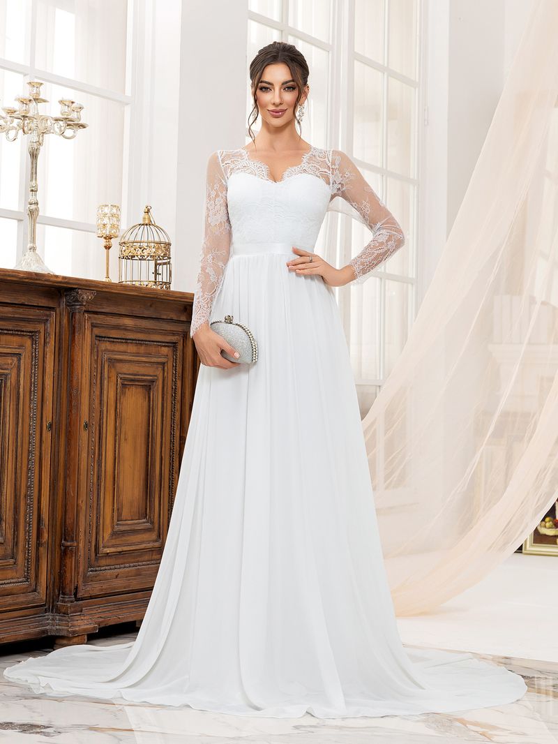 Elegantes Spitzen-Brautkleid, langes Abendkleid mit V-Ausschnitt für Bräute und formelle Anlässe_voghion.com