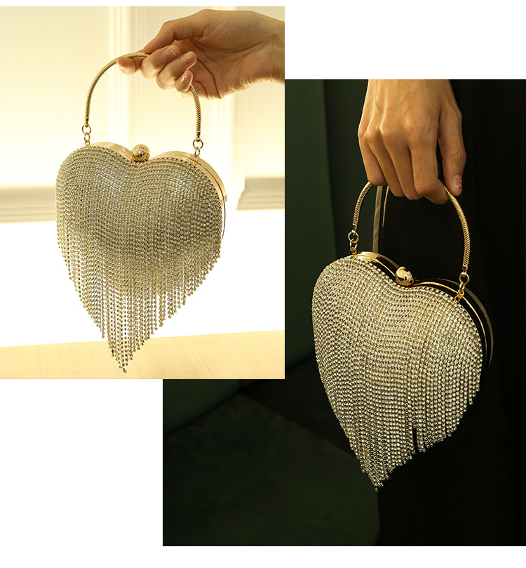 Borsa a tracolla da donna con cuore di pesca, diamanti, nappe, borsa da sera Love Evening Party, tracolla a catena_voghion.com