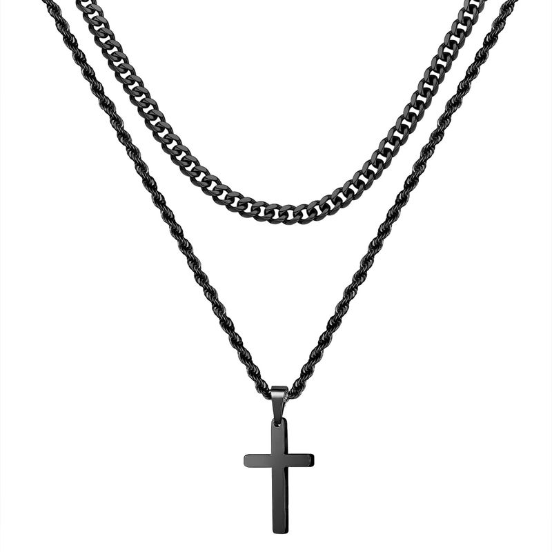 Hot Selling Real Gold Men's Stainless Steel Cross Multi-layer Stacked Pendant Necklace_voghion.com