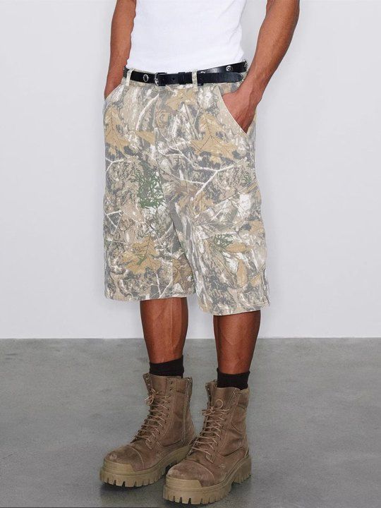Europäischer und amerikanischer Cross Border Retro Street Harajuku Leaf Camouflage Print Lose Arbeitskleidung Casual Shorts Kurze Hosen Männer und Frauen Sommer_voghion.com